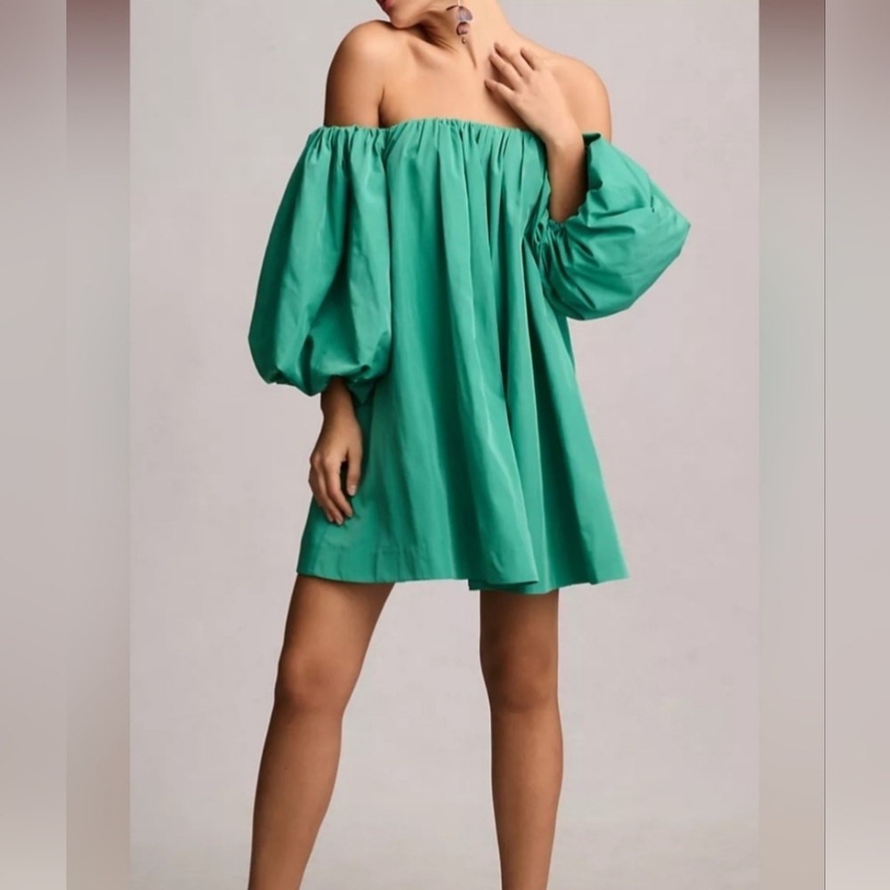 Anthropologie Mare Mare Off The Shoulder Green Puff Sleeve Mini Dress
